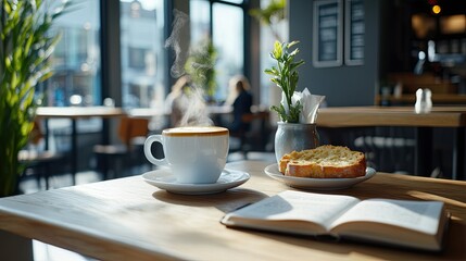 Cozy Coffee Shop Scene with Fresh Pastry and Open Book