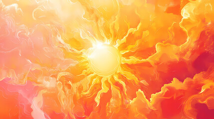 Vibrant orange and yellow hues radiate from a stylized sunburst, surrounded by swirling clouds of pastel pink and. Halation. Illustration