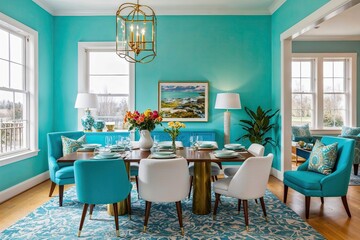 Elegant Bright Living Room with Stylish Dining Setting and Turquoise Walls