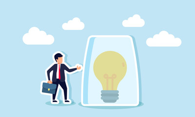 A businessman stands beside a glass jar containing a light bulb, illustration of securing company business ideas and innovations