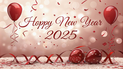 "Happy New Year 2025" with red theme decoration party. Blurry bokeh background. Symbol of the beginning of a new year.
