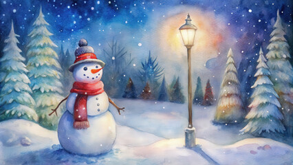 Obraz premium Traditional snowman with a red scarf, standing under a streetlight in a snowy park, classic winter scene, greeting card style, soft, warm tones