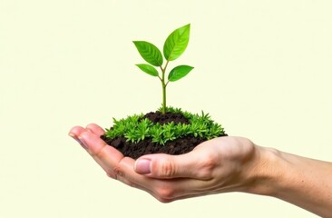 hand holding young plant on blur green nature background. concept eco earth day