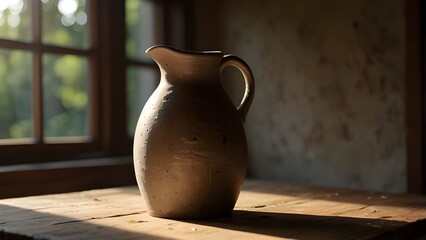 A rustic ceramic jug resting on a wooden table with soft sunlight streaming through a nearby window, highlighting its earthy texture