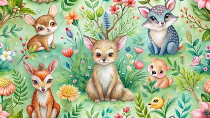 Obraz premium Cute watercolor animals create a seamless, enchanting wildlife landscape wallpaper pattern.