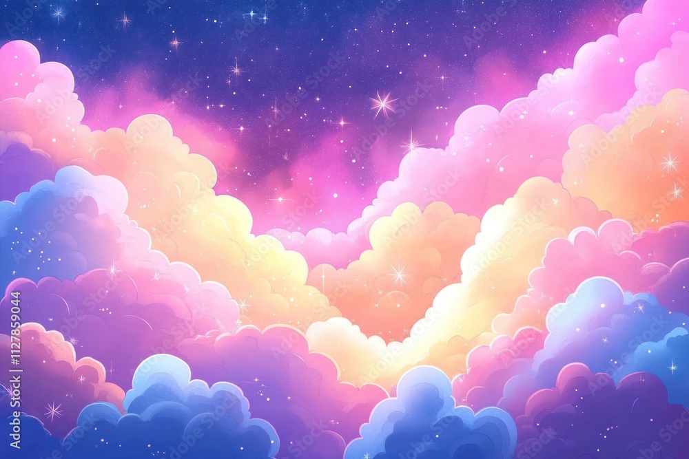 Poster sparkling stars and fluffy clouds in a colorful dreamy sky background
