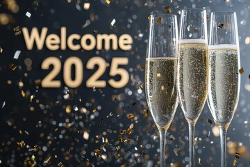 New year celebration with elegant champagne glasses festive atmosphere indoor setting glittering decorations inviting viewpoint reflecting joyous 2025 welcome