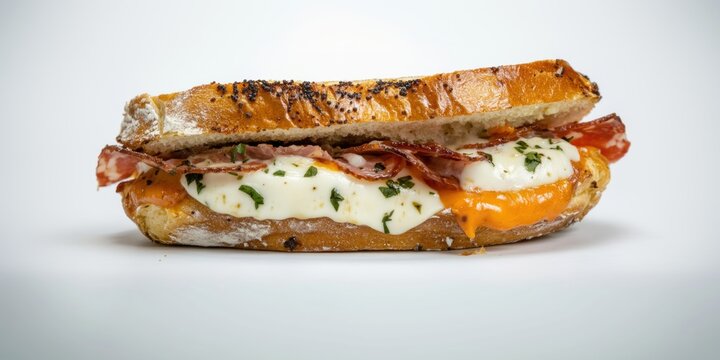 Un d&eacute;licieux sandwich rempli d&rsquo;&oelig;ufs, de fromage et de bacon sur du pain grill&eacute;.