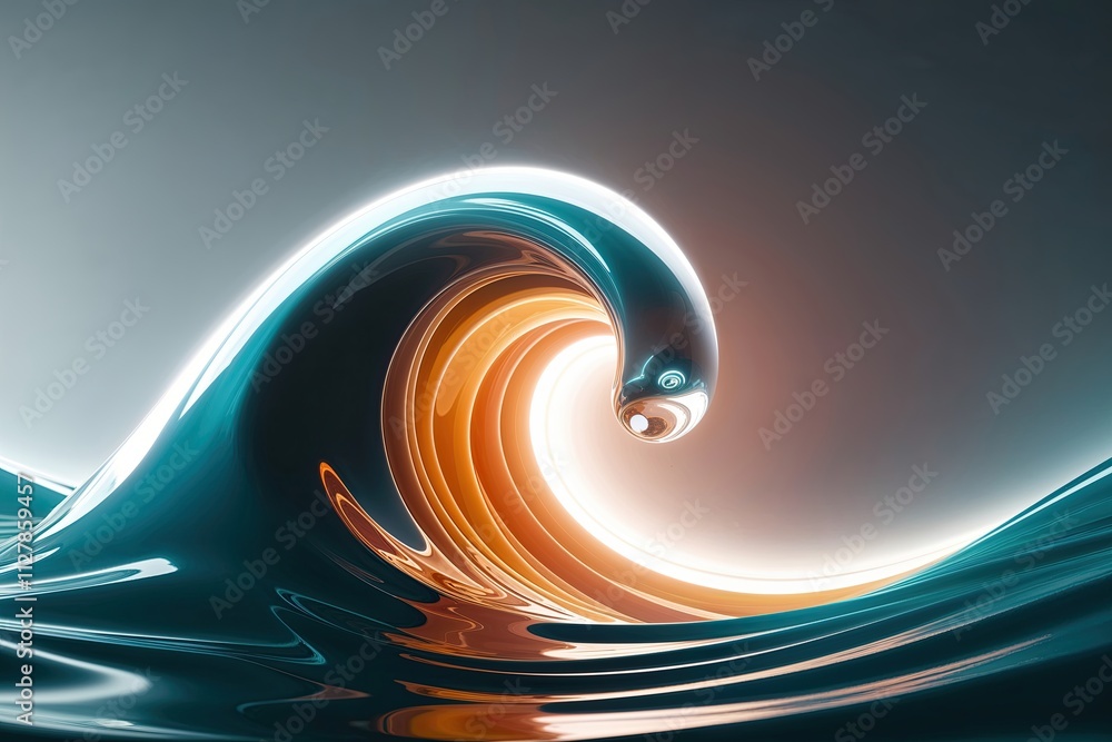 Poster luminous three-dimensional abstract depiction of a fluid wave merging modernity with retro-futuristi