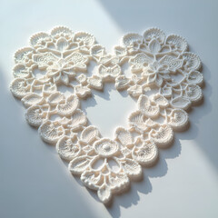 Obraz premium Intricate heart shaped crochet lace design with floral patterns and soft shadows, photography of still life concept.