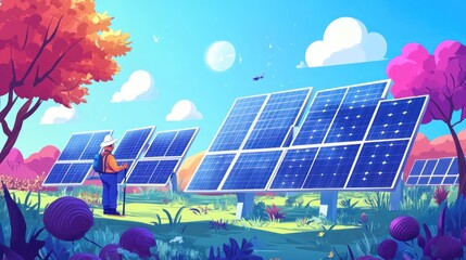 Man With Solar Panels in Vibrant Landscape on a Sunny Day