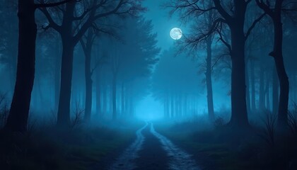 Fototapeta premium Spooky forest night scene. Eerie blue light illuminates trees in fog. Haunted atmosphere. Perfect spooky Halloween concept creepy ideas. Mysterious path leads into foggy darkness. Silhouette trees