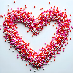 Obraz premium Colorful heart made of sweet sprinkles on white background for celebrating love and joyful moments, photography of still life concept.