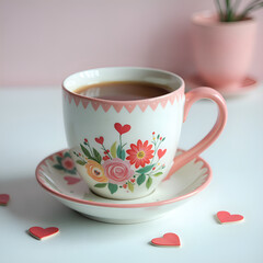 Fototapeta premium Delightful floral decorated coffee cup with hearts on a soft pink background, photography of still life concept.