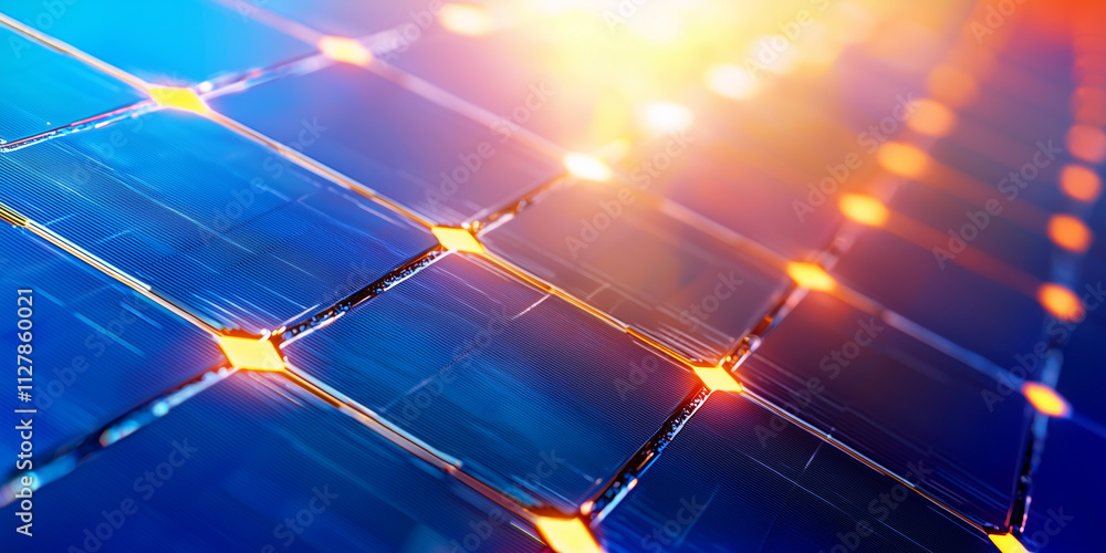 Poster close up of perovskite solar cell array glowing under uv light, showcasing vibrant colors and intric