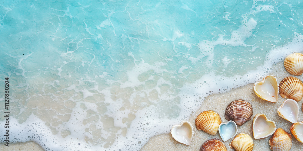 Aufkleber delicate seashells with heart patterns on sandy beach near turquoise water, creating serene and roma