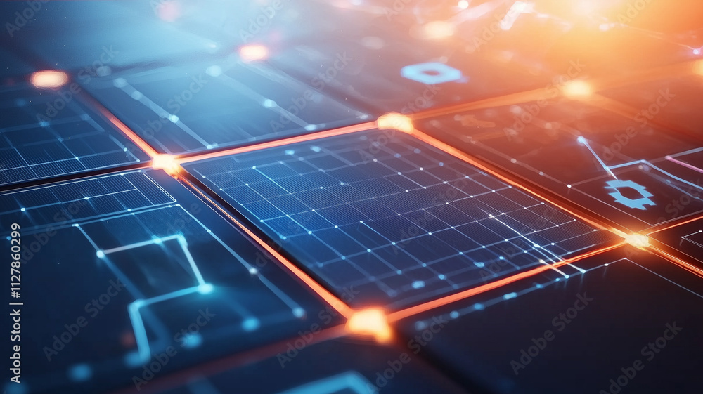 Poster Futuristic digital interface with glowing grid patterns and circuits, showcasing advanced technology and innovation. vibrant colors create dynamic atmosphere