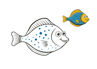 "Printable flounder fish coloring page featuring a flat, oval-shaped fish with distinct fins and spots. Perfect for kids to enjoy and add their creative touch!"