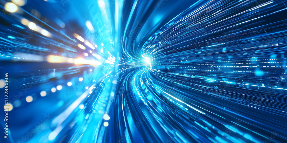 Aufkleber Futuristic blue light trails create dynamic sense of speed and motion, representing advanced technology and innovation in digital landscape