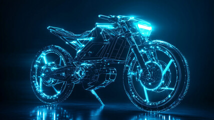 Futuristic electric bike with glowing blue lines and digital design, showcasing advanced technology and innovation in transportation