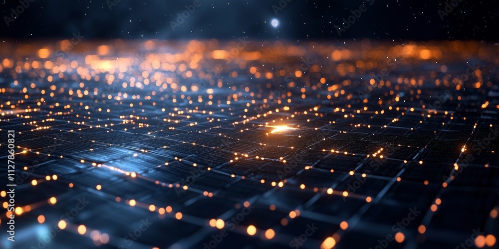 Leinwandbilder futuristic landscape with glowing particles on grid surface, creating mesmerizing visual effect. scene evokes sense of advanced technology and innovation