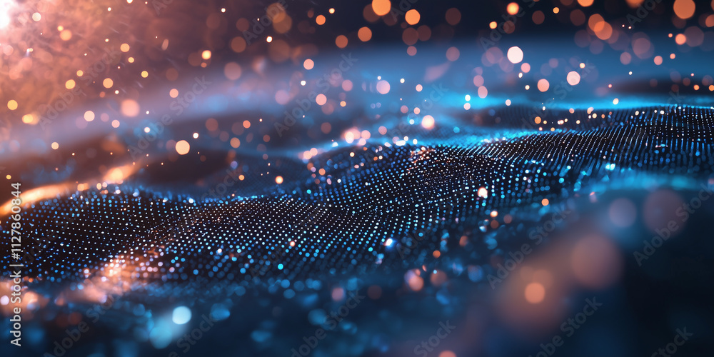 Poster Abstract digital landscape with glowing particles and waves, creating mesmerizing visual effect. vibrant colors and dynamic movement evoke sense of wonder and innovation