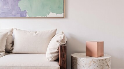Generative AI, Contemporary living room with modular walnut sofa and abstract pastel artwork