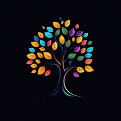 Colorful abstract tree with vibrant leaves on a black background.