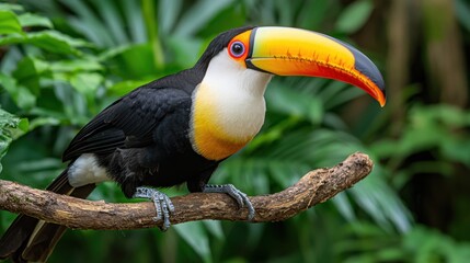 Naklejka premium A vibrant tropical bird with a large, colorful bill perched on a branch in a lush rainforest, the Tucan is a stunning subject for wildlife photography