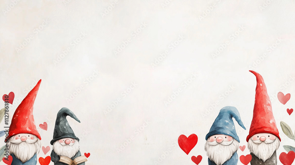 Poster Whimsical watercolor garden gnomes with hearts, creating charming and playful atmosphere. Perfect for adding touch of magic to any design project
