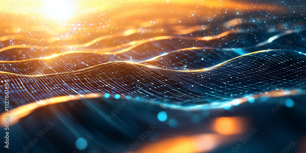 Aufkleber Abstract representation of waves with glowing particles and light reflections, creating serene and dynamic atmosphere. interplay of light and texture evokes sense of tranquility