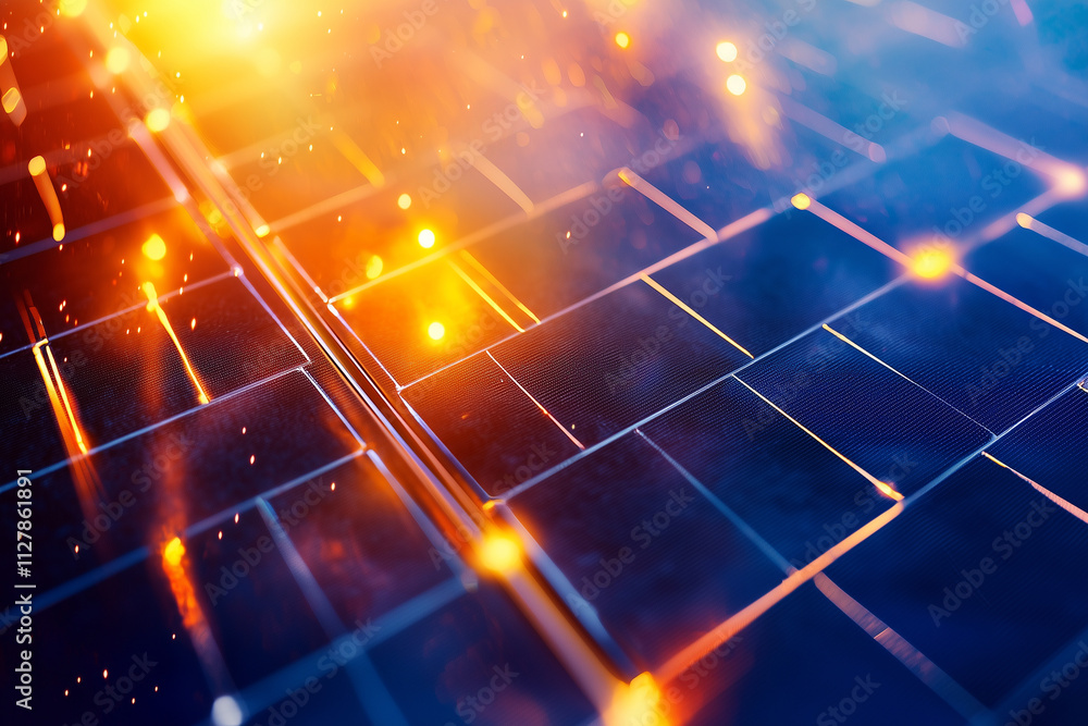 Poster abstract energy flow from solar cells with glowing lights and reflections