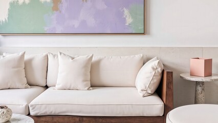 Generative AI, Contemporary living room with modular walnut sofa and abstract pastel artwork