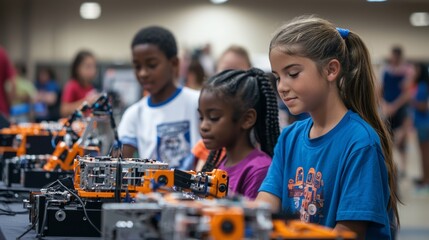 Diverse Group of Children Engaged in Robotics Competition Activity