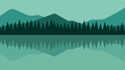 Landscape illustration of mountain with lake and coniferous trees