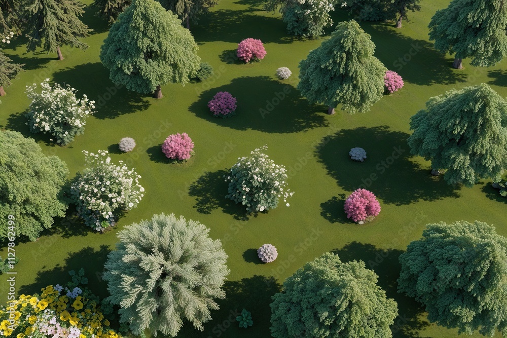 Aufkleber 3d rendering of trees and flowers in a scenic top-down layout for nature documentation and creative 