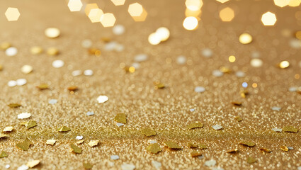Celebratory golden confetti scattered on a shimmering surface for a festive event or party