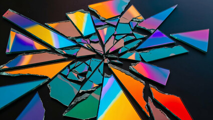 Colorful shards of broken glass scattered on a dark surface create an artistic composition