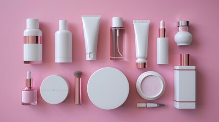 Beauty Products with Pink and Gold Accents on a Pink Background