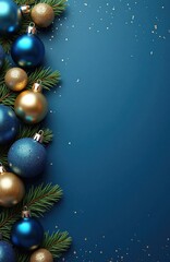 Christmas ornaments in blue, gold arranged with pine branches on deep blue background dotted with gold glitter. Festive holiday decor. Ideal for Christmas cards website backgrounds. Beautiful,
