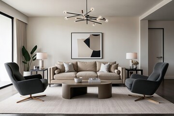 Spacious Minimalist Living Room Design with Soft Beige Sofa and Modern Accent Chairs