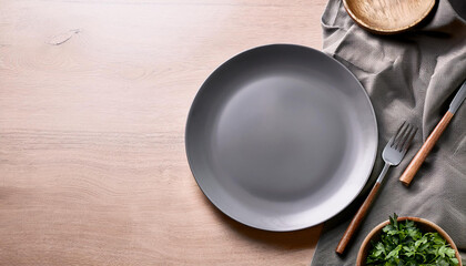 Gray empty plate on wooden table. Food Mockup Concept