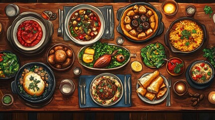 Obraz premium A Bountiful Feast Of Diverse Dishes On A Wooden Table