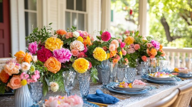 Vibrant floral centerpiece adorns elegant outdoor tablescape