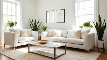 Fototapeta premium A bright, minimalist living room featuring a white sofa, armchair, and coffee table, accented by potted plants and simple artwork.