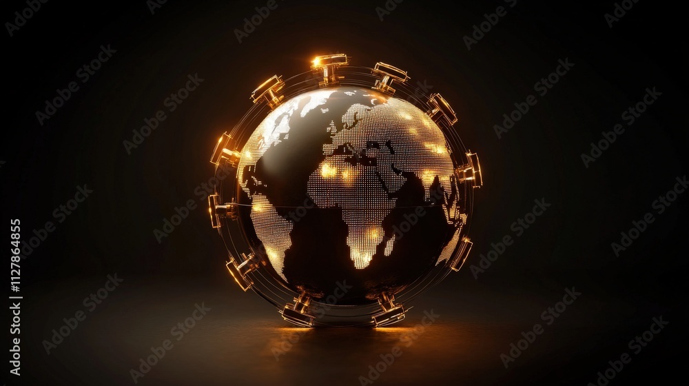 Aufkleber Global Connection Concept Featuring Illuminated 3D Globe Surrounded by Neon Links, Symbolizing Technology, Communication, and Worldwide Networks in a Dark Background