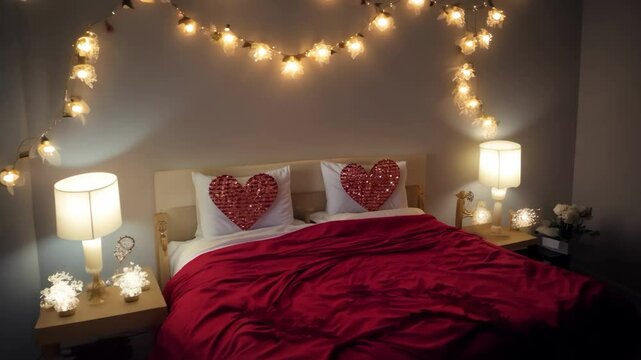 A bedroom with a red bed and a white lamp. The bed is decorated with red pillows and a red blanket. The room is lit with lights and candles, creating a cozy and romantic atmosphere
