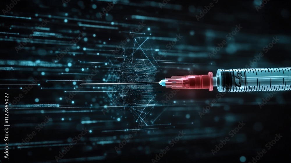 Poster Abstract representation of a syringe ejecting digital data streams, symbolizing advanced technology in medicine and healthcare innovation, with focus on virtual health solutions.