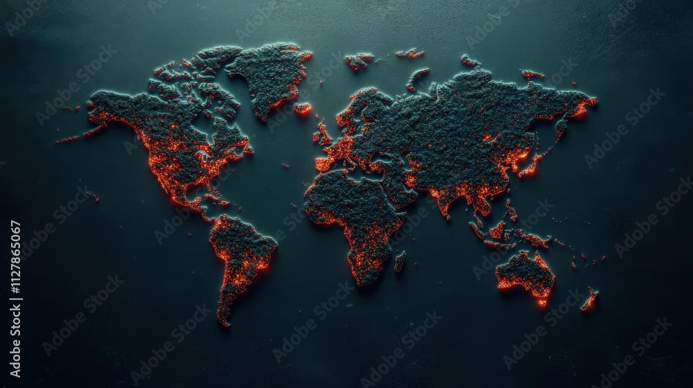 Aufkleber abstract world map representation with glowing red and orange features on a dark background, highlig