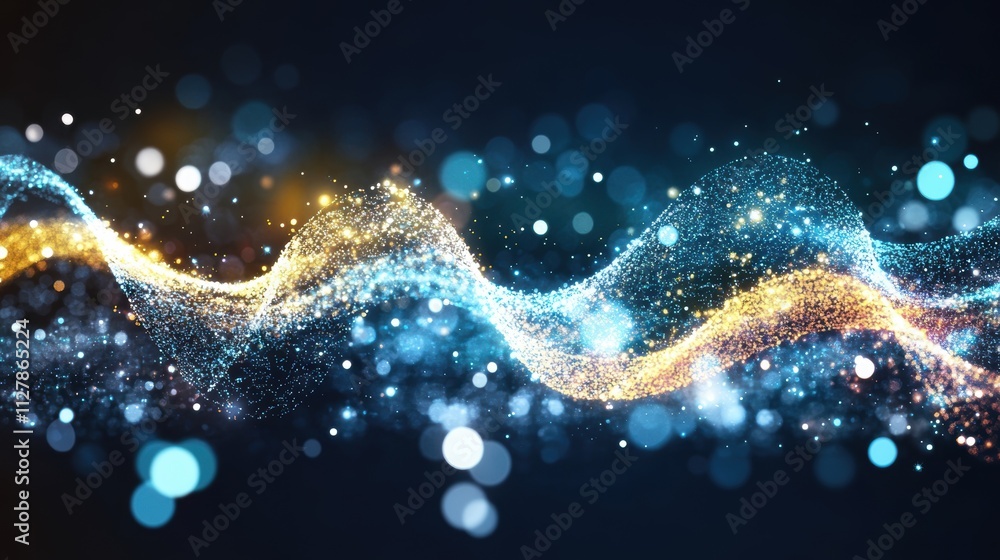 Poster dynamic waves of golden and blue particles shimmer against a dark background, creating a magical, fu